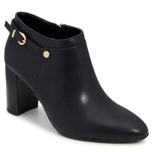 Vince Camuto Coorin Black Leather Ankle Boots 9.5 Gold Zip Block Heel Timeless - Picture 2 of 12